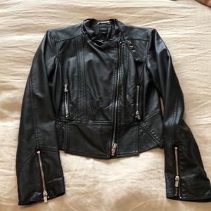 Black faux leather flared bomber jacket